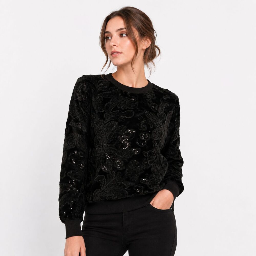 Gianni Bini NEW Velvet Floral Sequin Party Sweatshirt Black Glam Pullover Top L